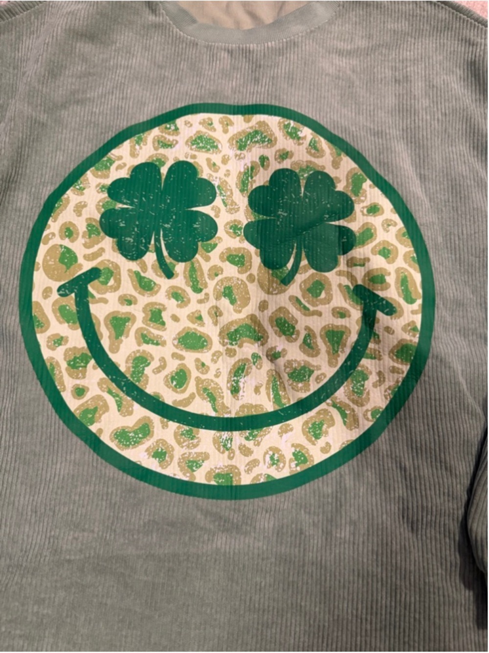 St. Patrick’s Day Corduroy Pullover - Lucky Clover Graphic - Size Large - Picture 2 of 7